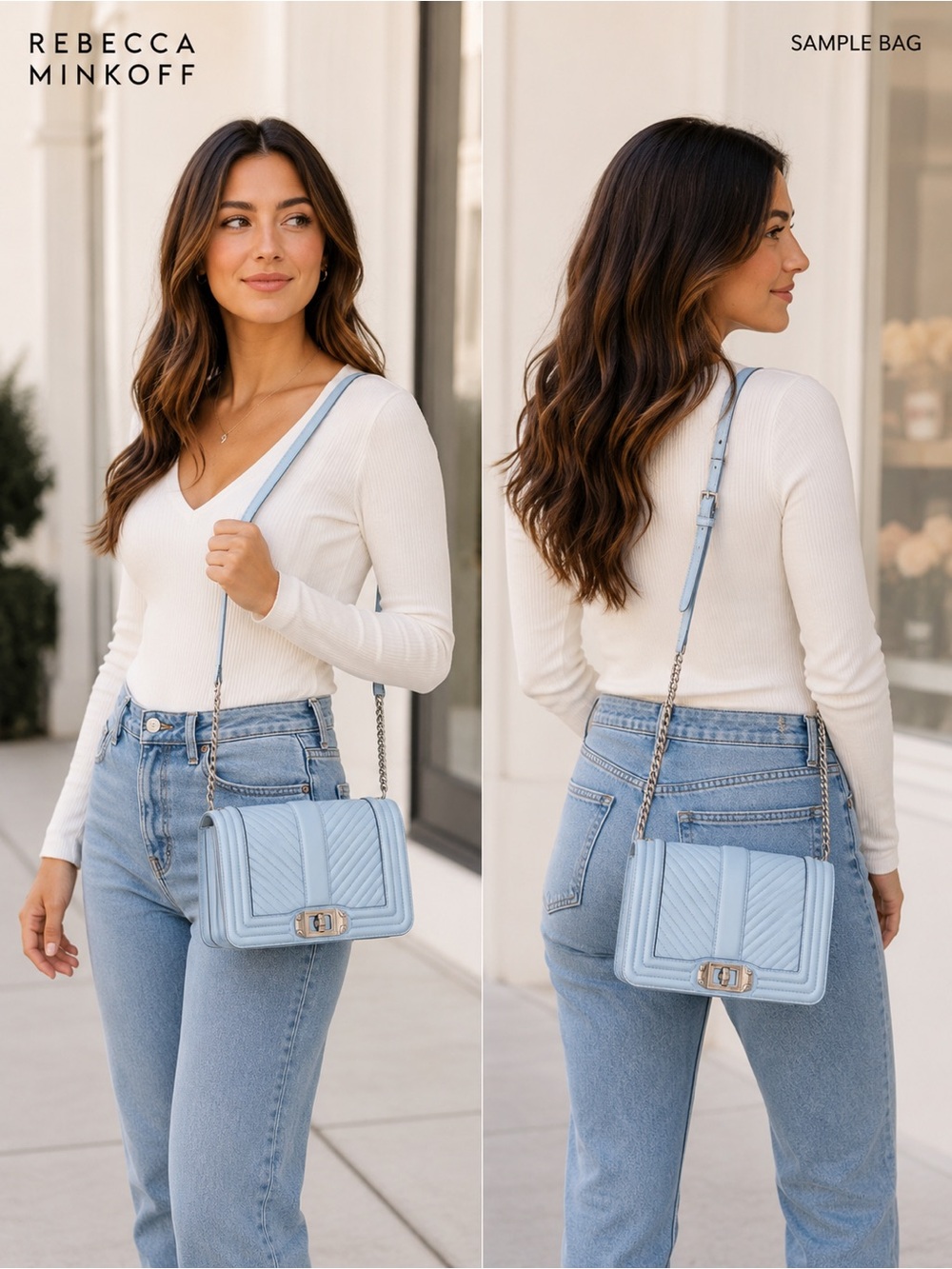 Rebecca Minkoff Chevron Quilted Chain Strap Crossbody Bag Sample blue summer